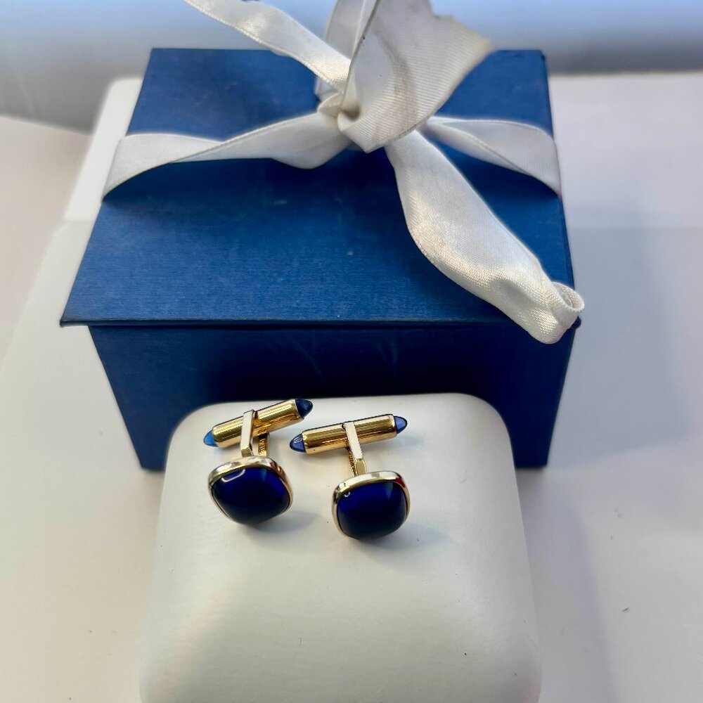 krementz patented pre-own cabochon sapphire blue stone plated cuff link